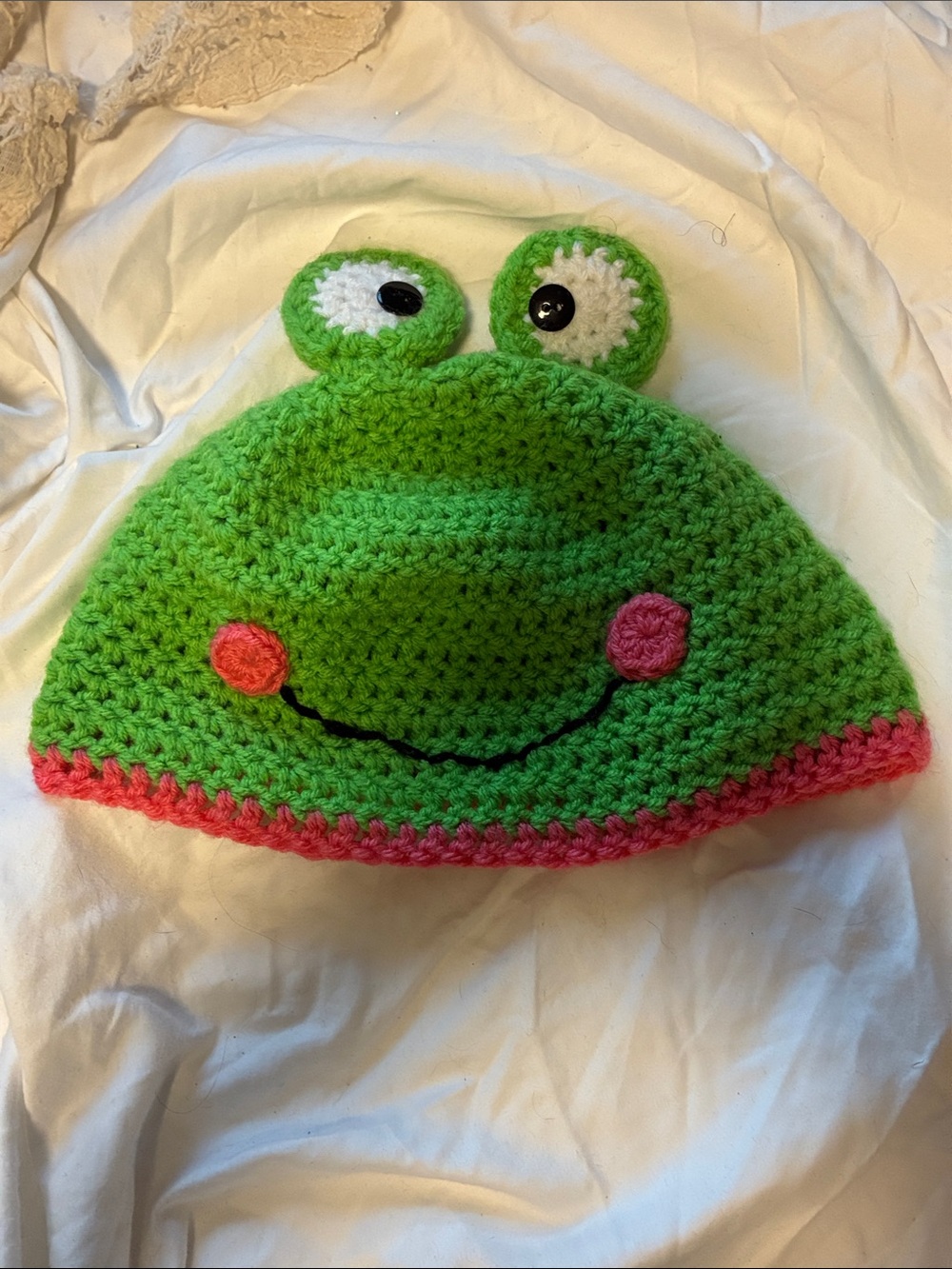 Handmade Green Frog Crochet Beanie with Pink Trim